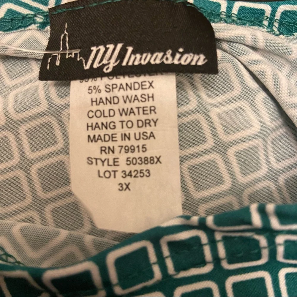New York Invasion Plus Size 3x Green & White Print Pullover Waist Belted Dress - Picture 5 of 5
